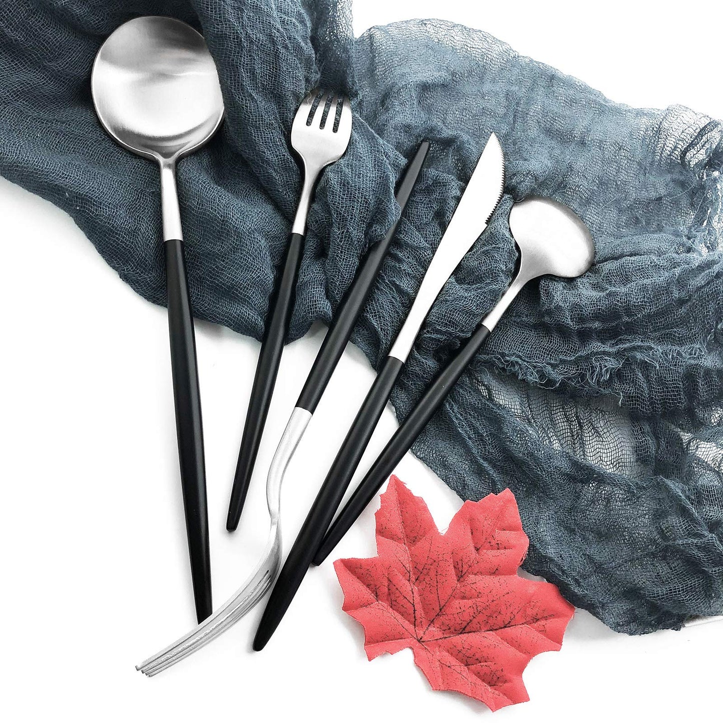 Uniturcky Matte Silverware Set, 10-Piece 18/10 Stainless Steel Satin Finish Flatware Set Service for 2, Kitchen Utensil Set, Tableware Cutlery Set for Home Restaurant (Black Handle Silver, 10-Piece)