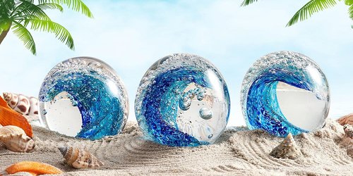 EUSTUMA Hand Blown Glass Figurine - Ocean Waves Paperweight | Unique Home & Office Decor