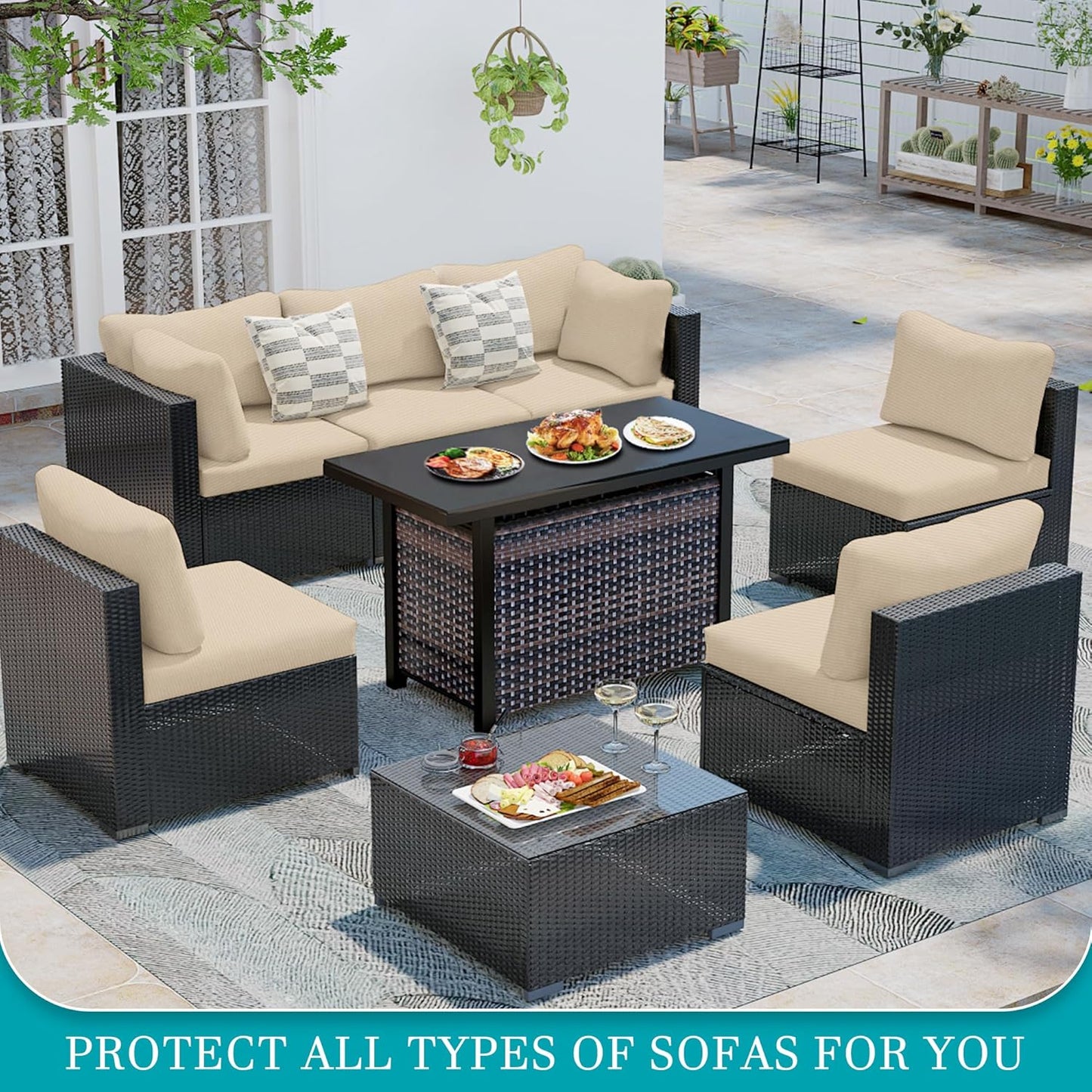 Skiennix 12-Piece Stretch Patio Cushion Covers - Washable & Reusable Outdoor Furniture Protectors | Beige