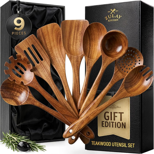 Zulay Kitchen 9-Piece Teak Wooden Utensil Set - Natural Non-Stick Cooking Tools in Premium Gift Box