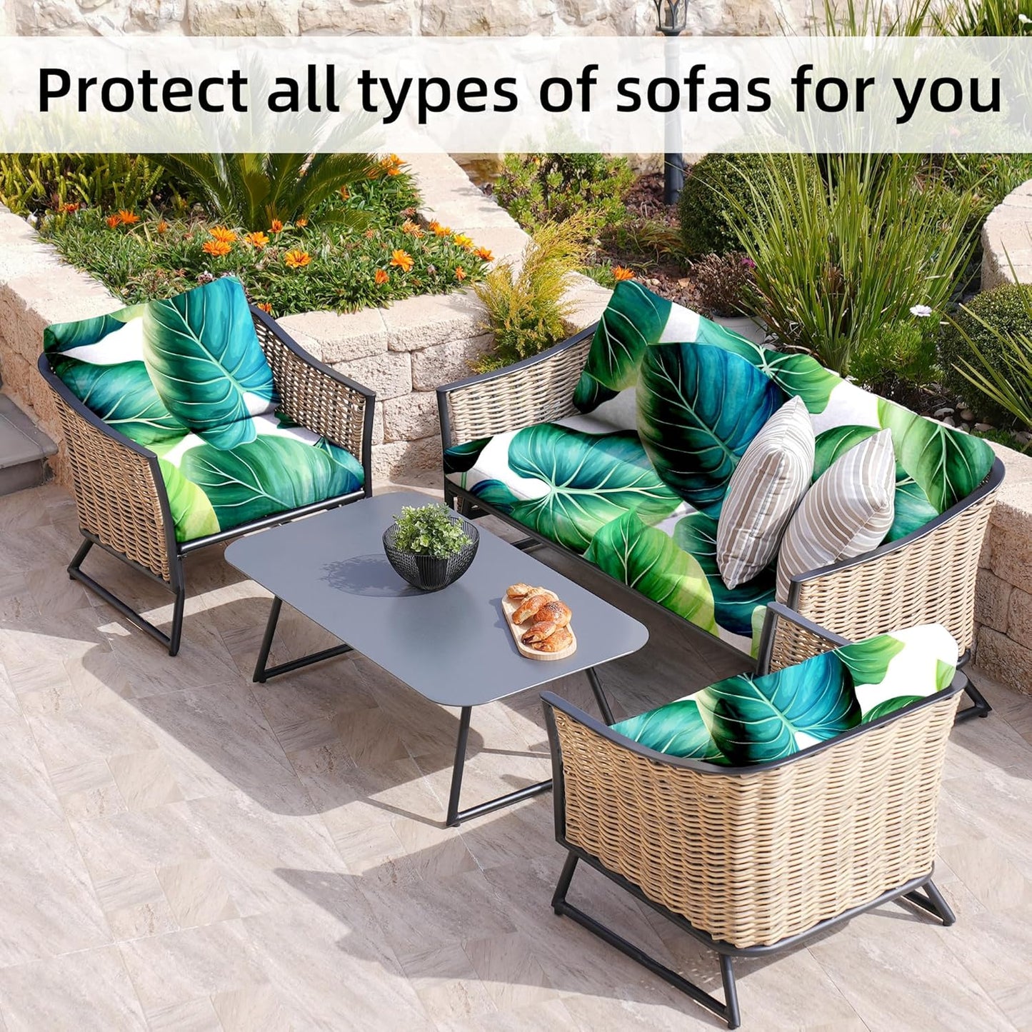 Skiennix Outdoor Couch Cushion Covers - 8 Pcs Washable & Reusable Green Leaf Slipcovers | Patio Furniture Protection