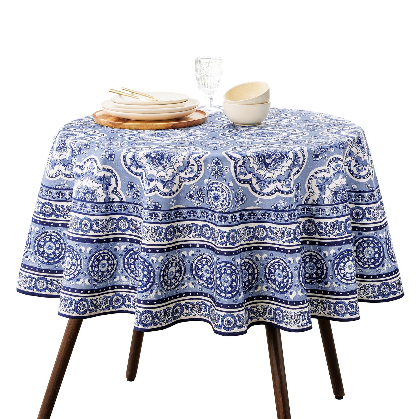 Maison d' Hermine Table Cloth Round Table 100% Cotton 69 Round Inches Tablecloth Reusable Decorative for Dining Kitchen Room Farmhouse Home Gifts for Mothers Day Spring Summer - Melodie Bleue