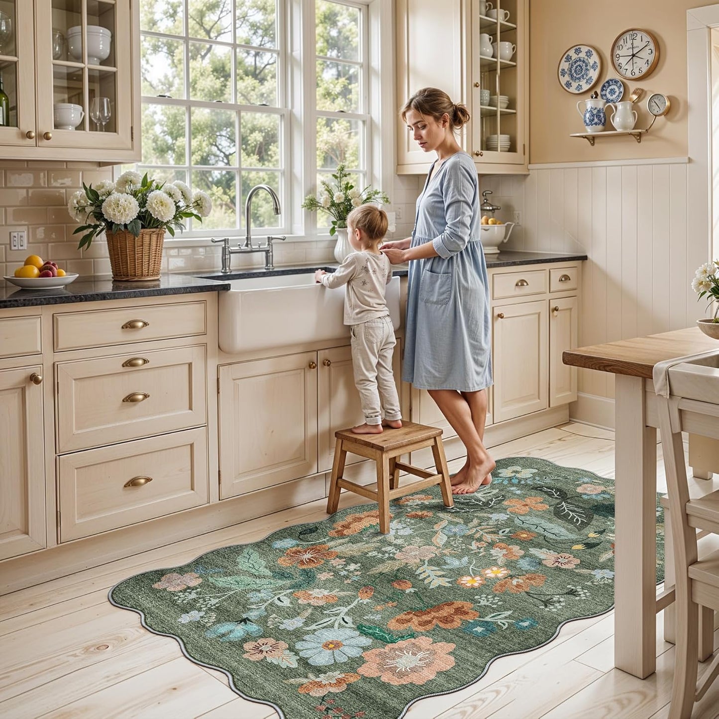 Skiennix Washable 3x5 Entryway Area Rug - Ultra Soft Low Pile Carpet with Non-Slip Backing | Floral Green Design