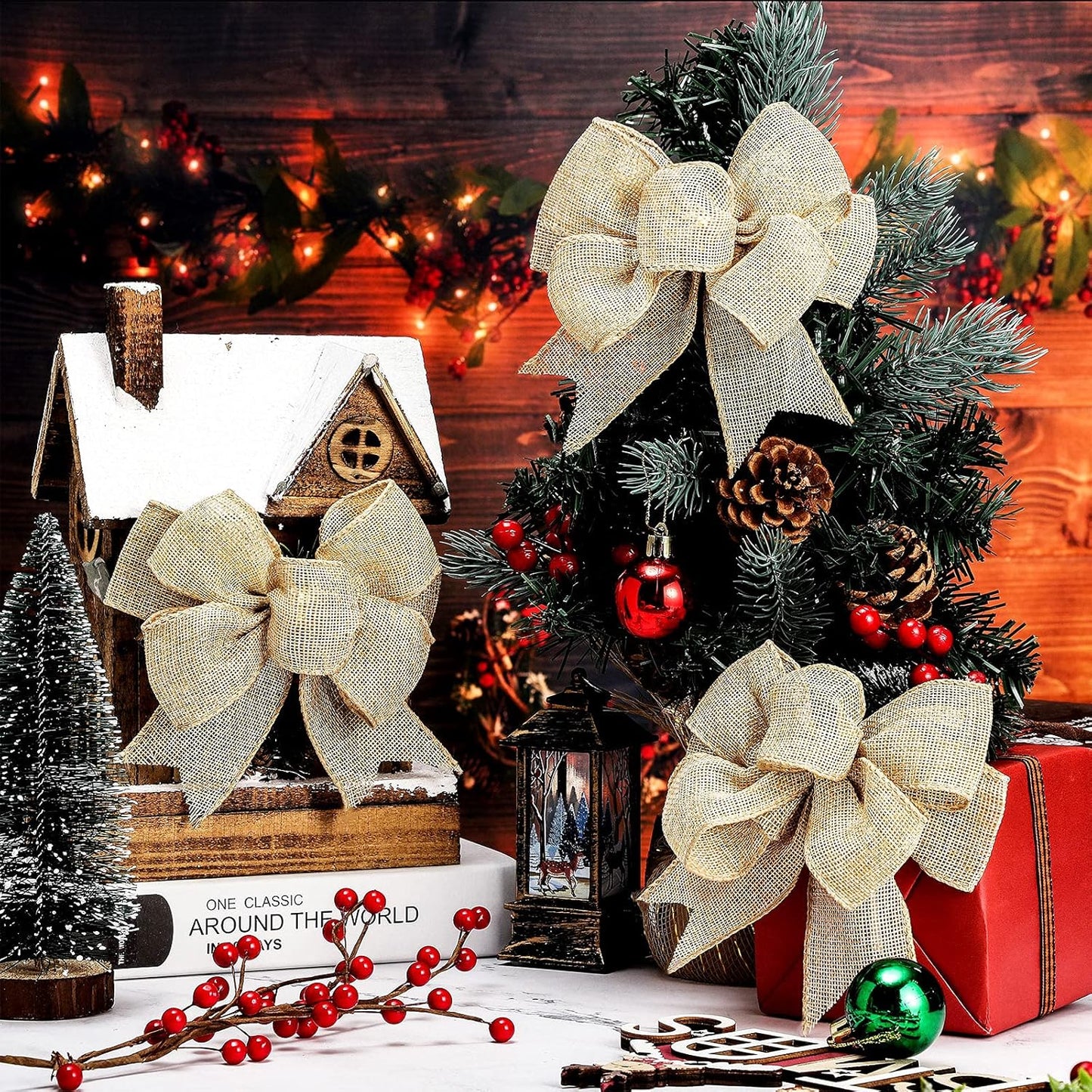 Xinnun Burlap Bows - Rustic Jute Decorations for Holiday Wreaths & Christmas Tree Toppers | 4 Pcs Set