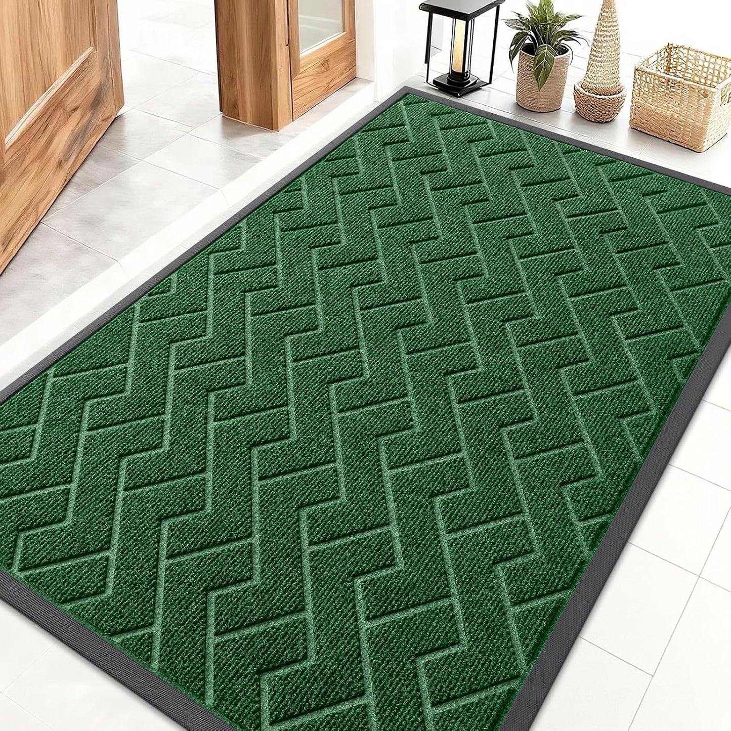 OLANLY Waterproof Front Door Mat - All-Season Indoor Outdoor Doormat | Sturdy Natural Rubber, Herringbone Brick (Green, 47x32)