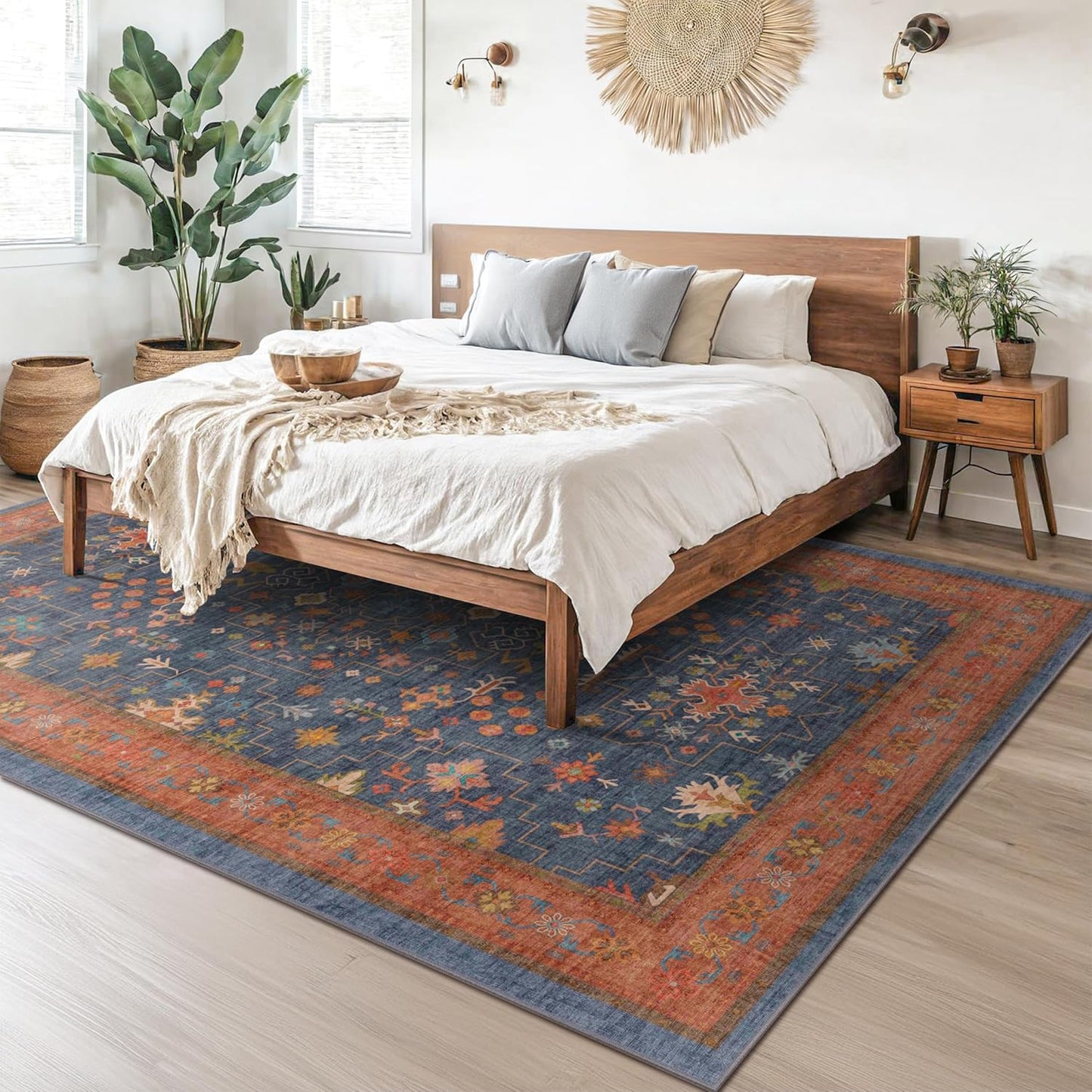 Large Area Rugs by Navy Blue | 8x12 Geometric Floral Design - Washable Low Pile Soft Carpet for Living Room & Dining Room