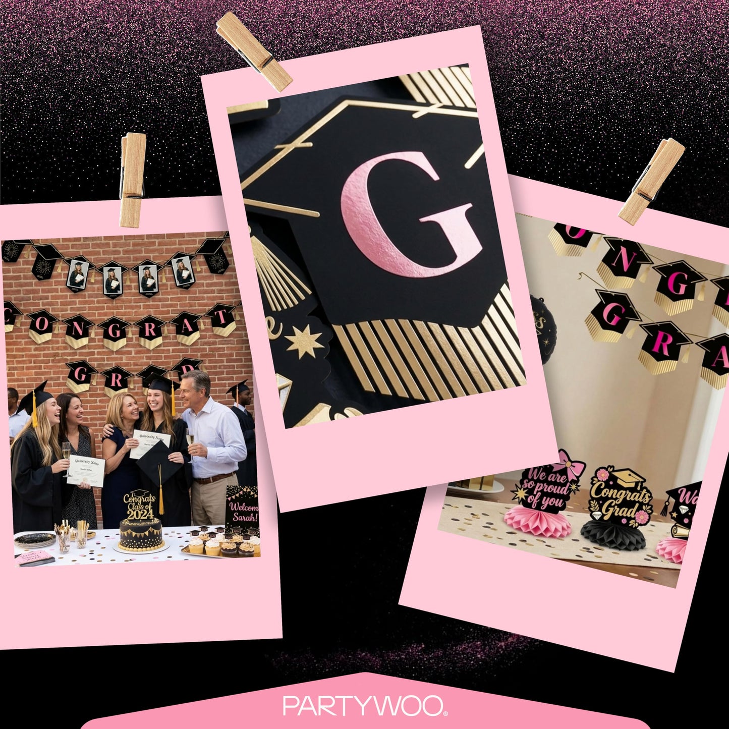 PartyWoo Class of 2026 Black Pink Gold Graduation Banner Decorations 2pcs Black Pink Gold 2026 Hanging Congrats Grad Party Banner Supplies for Middle High School College Graduation Party Decorations