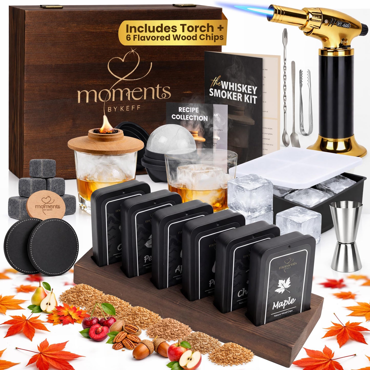 Moments by KEFF Premium Whiskey Smoker Kit – Wooden Gift Box with Torch, Smoker Lid, Square Glasses, Leather Coasters, 6 Wood Chips with Tray, Whiskey Stones, Ice Molds, Mixing Tools & Instructions