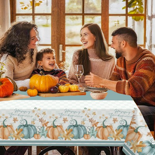 Childom 2 Pack Thanksgiving Tablecloths,Thanksgiving Decorations 54" x 108" Disposable Plastic Tablecloths,Blue Pumpkin Maple Table Covers for Rectangular Table,Home,Dinner,Party,Outdoor Picnic