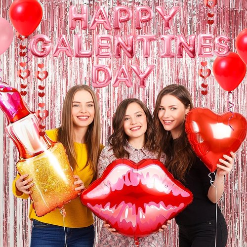 Auihiay Galentines Day Decorations Kit - 130pcs+ Pink Foil Fringe Curtains, Table Cloth, Pink Letter & Heart Balloons, Lips Balloons, Heart Banner Decor for Girls Galentines Day Birthday Party