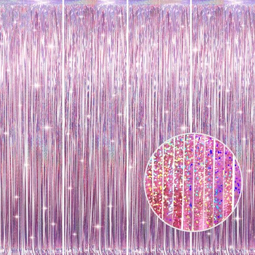 GOER Metallic Tinsel Foil Fringe Curtains - 3.2 ft x 8.2 ft | Perfect for Birthday, Graduation, New Year & Wedding Decor (4 Packs, Laser Pink)