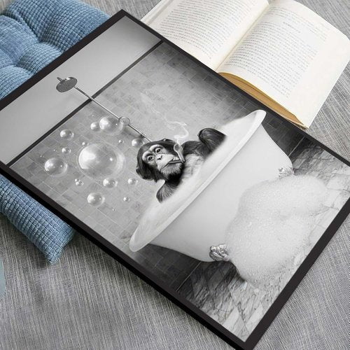 Framed Chimpanzee Wall Art - Fun Black and White Monkey Canvas Decor | 8x10 Inches for Bathroom or Man Cave