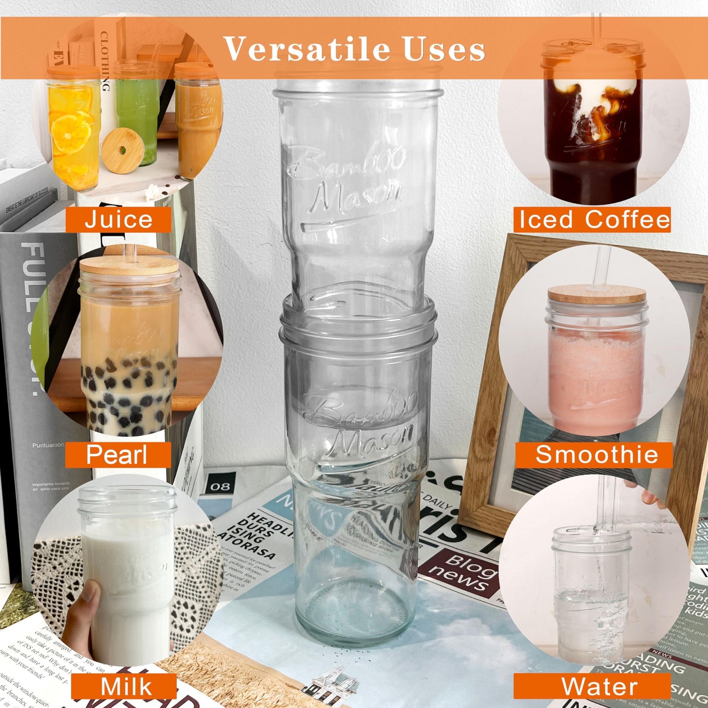 ANOTION Glass Cups with Lids and Straws 4 Packs, 24oz Travel Coffee Mug Bamboo Mason Jar Valentines Party Drinking Jars Glasses Cute Clear Glass Tumbler for Iced Coffee, Smoothie, Tea, Water