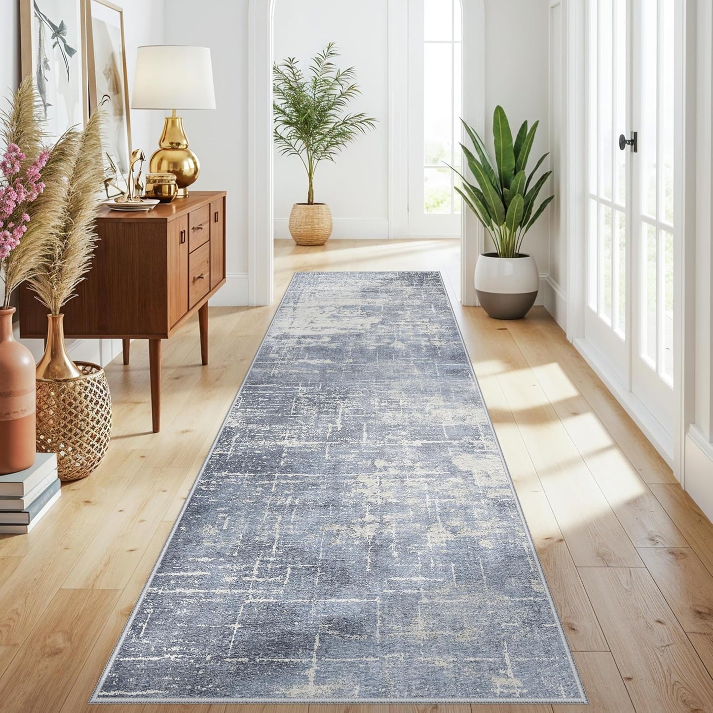 Skiennix Abstract 3x10 Kitchen Rug Runner - Washable Non-Slip Soft Indoor Carpet | Blue/Ivory for Living Room & Hallway