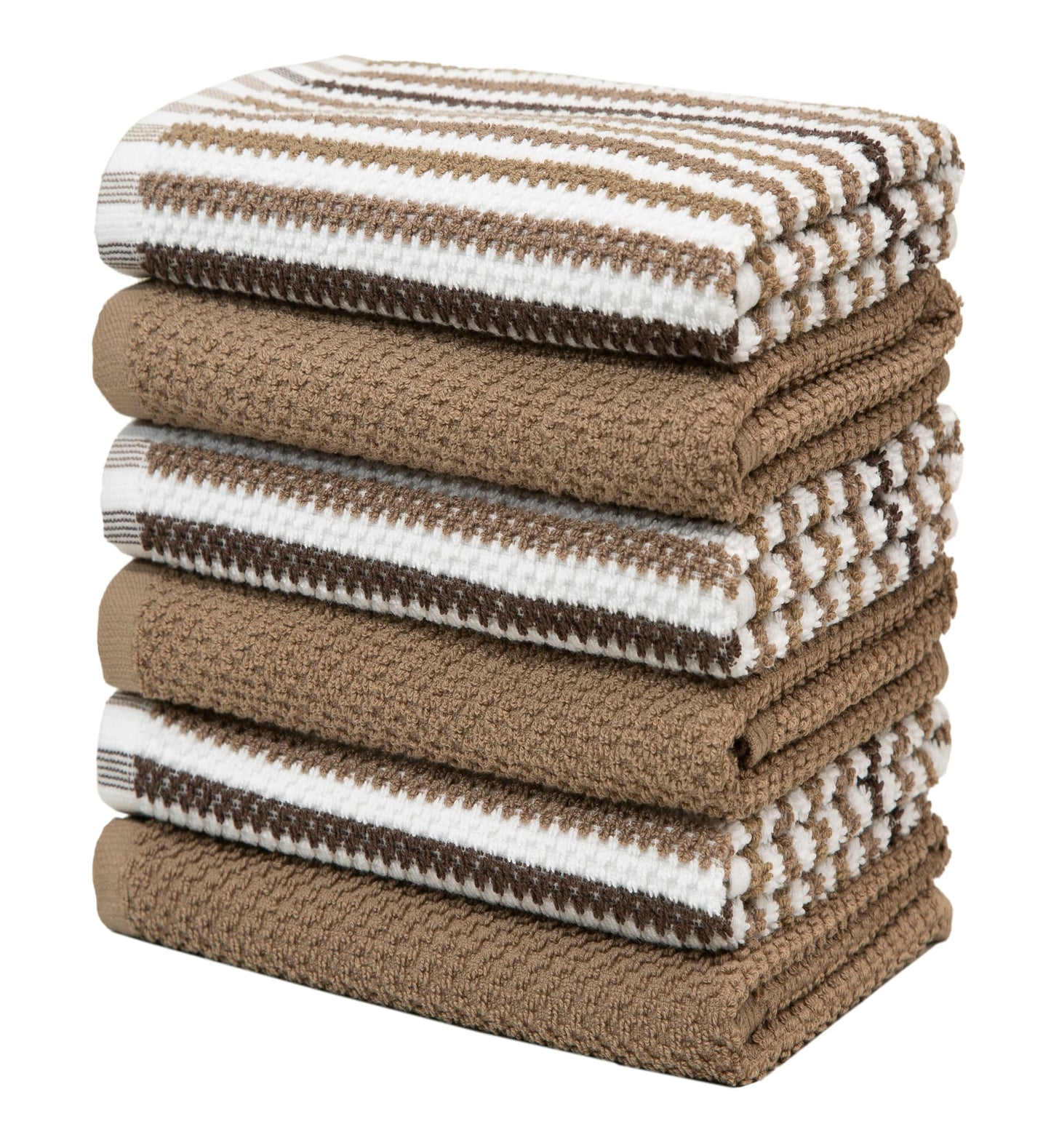Premium Kitchen Towels (16”x 26”, 6 Pack) | Large Cotton Kitchen Hand Towels | Popcorn Striped Design | Dish Towels | 430 GSM Highly Absorbent Tea Towels Set with Hanging Loop | Tan