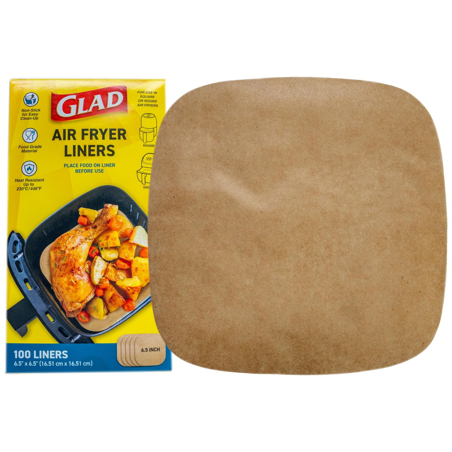 Glad Air Fryer Parchment Liners, Nonstick, Heat Resistant to 446 Degrees F, Food-Grade Material, Flat Square for Round and Square Air Fryer Baskets, 6.5" x 6.5", 100 Count
