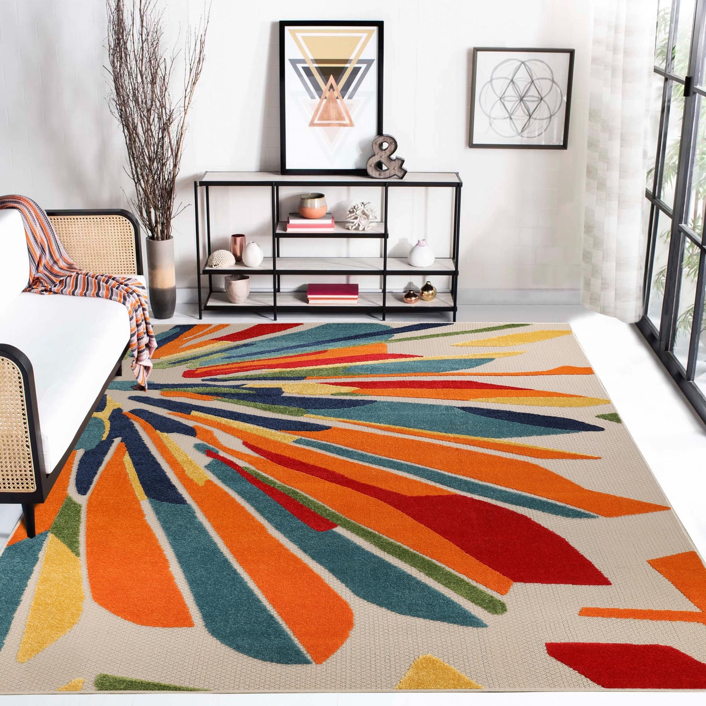 Superior Indoor Outdoor Area Rug, Perfect for Patio, Bedroom, Kitchen, Living Room, Entryway, Playroom, Nursery, Carpet Cover, Abstract Geometric Modern, Leander Collection, 4' x 6', Cream