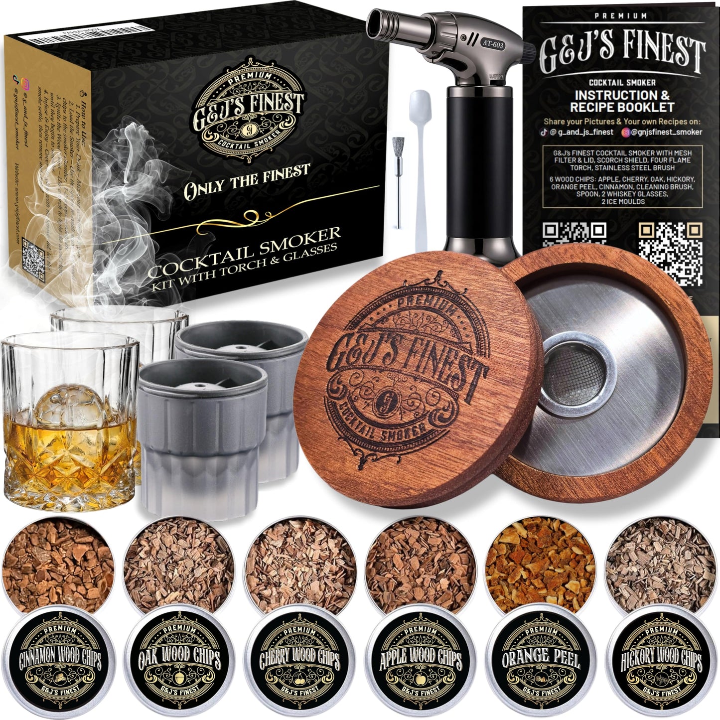 Whiskey Smoker Kit with Torch, 2 Glasses & 2 Ice Molds - 6 Wood Chips| Cocktail Smoker Kit for Smoked Drinks| Bourbon Smoker Kit| Old Fashioned Smoker Kit| Whiskey Gift for Men (No Butane Incl.)