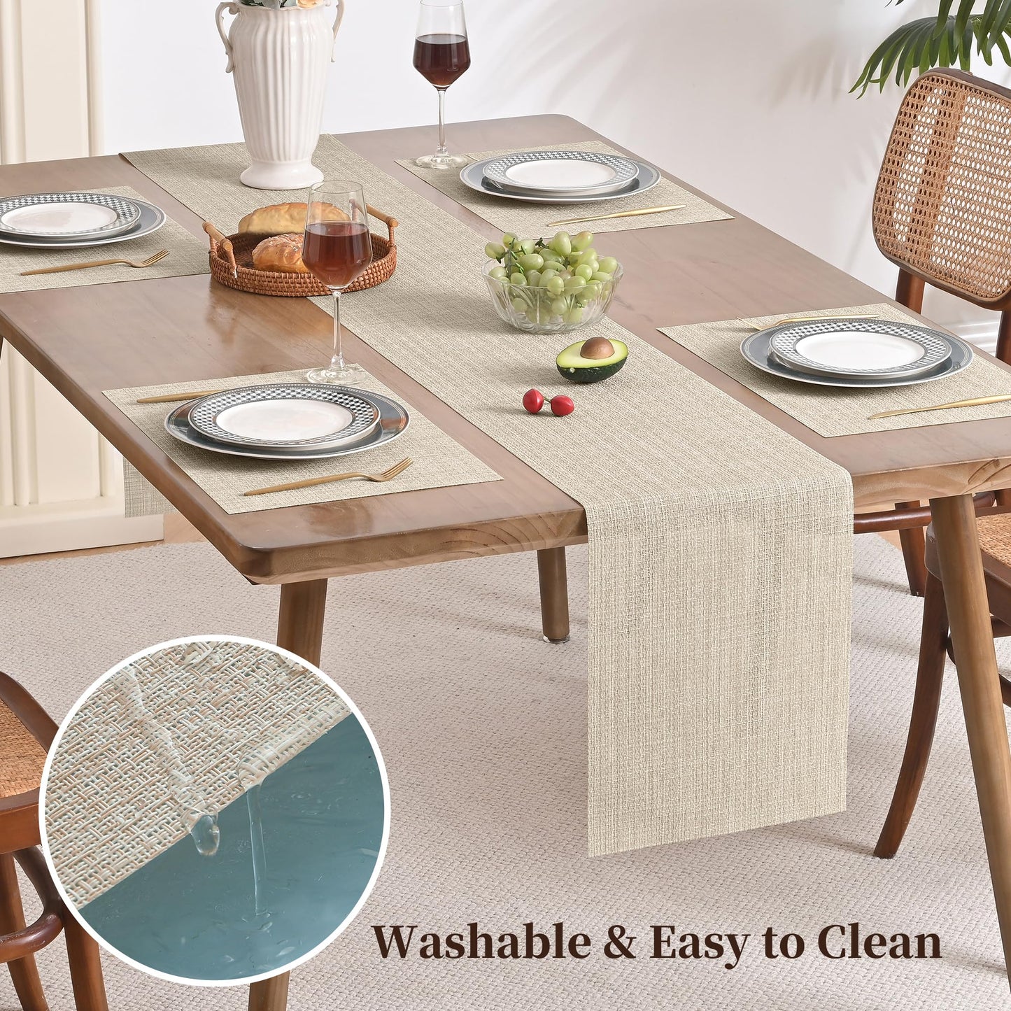 Leetaltree Beige Table Runner and Placemats Set of 5, Heat Resistant Non-Slip Place mats for Dining Table, Washable Durable PVC Vinyl Woven Table Runner Set