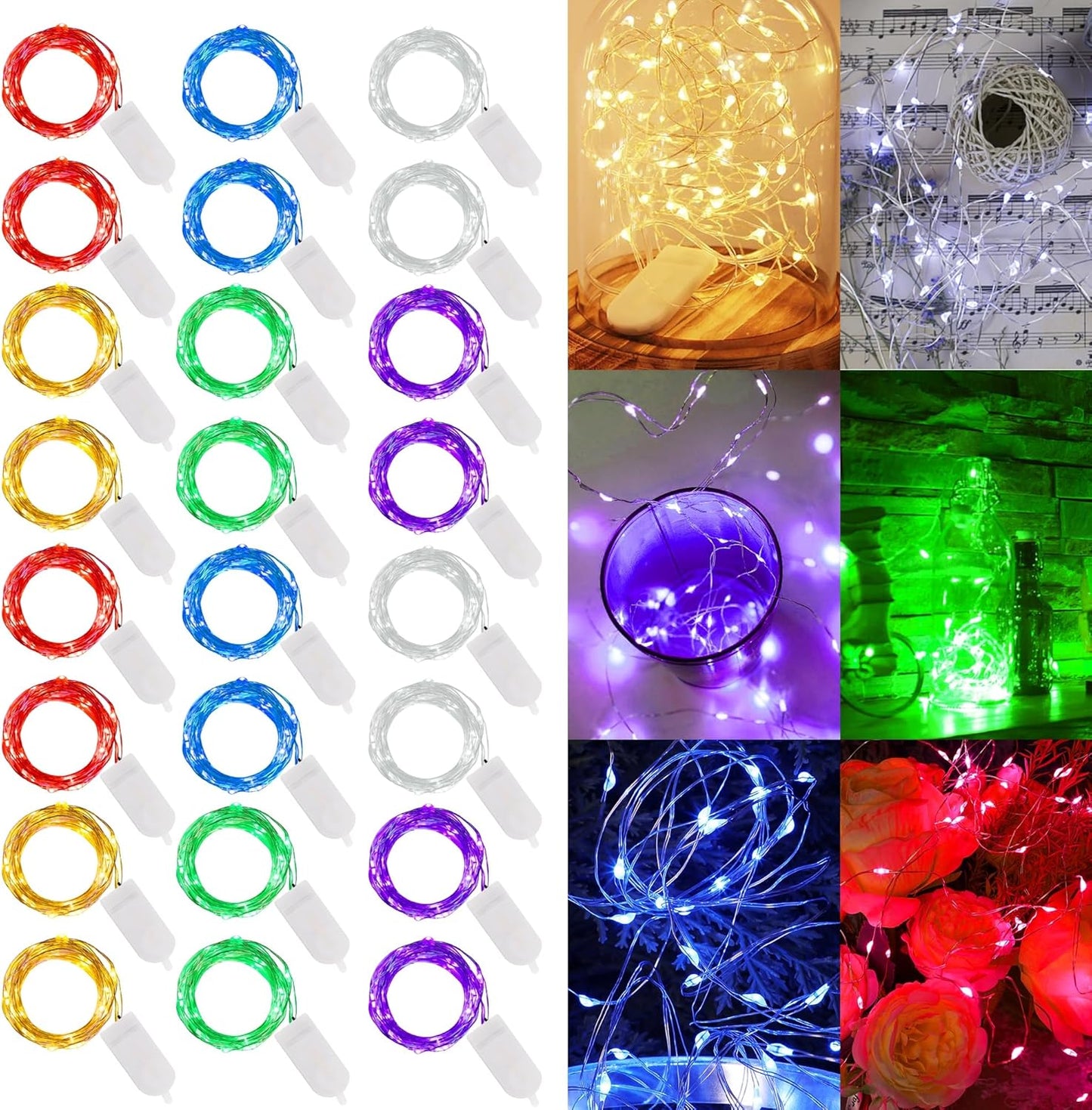 WATERGLIDE 24 Pack Fairy Lights - 7 ft Battery Operated Mini String Lights | Waterproof Silver Wire for Wedding & Party Decor