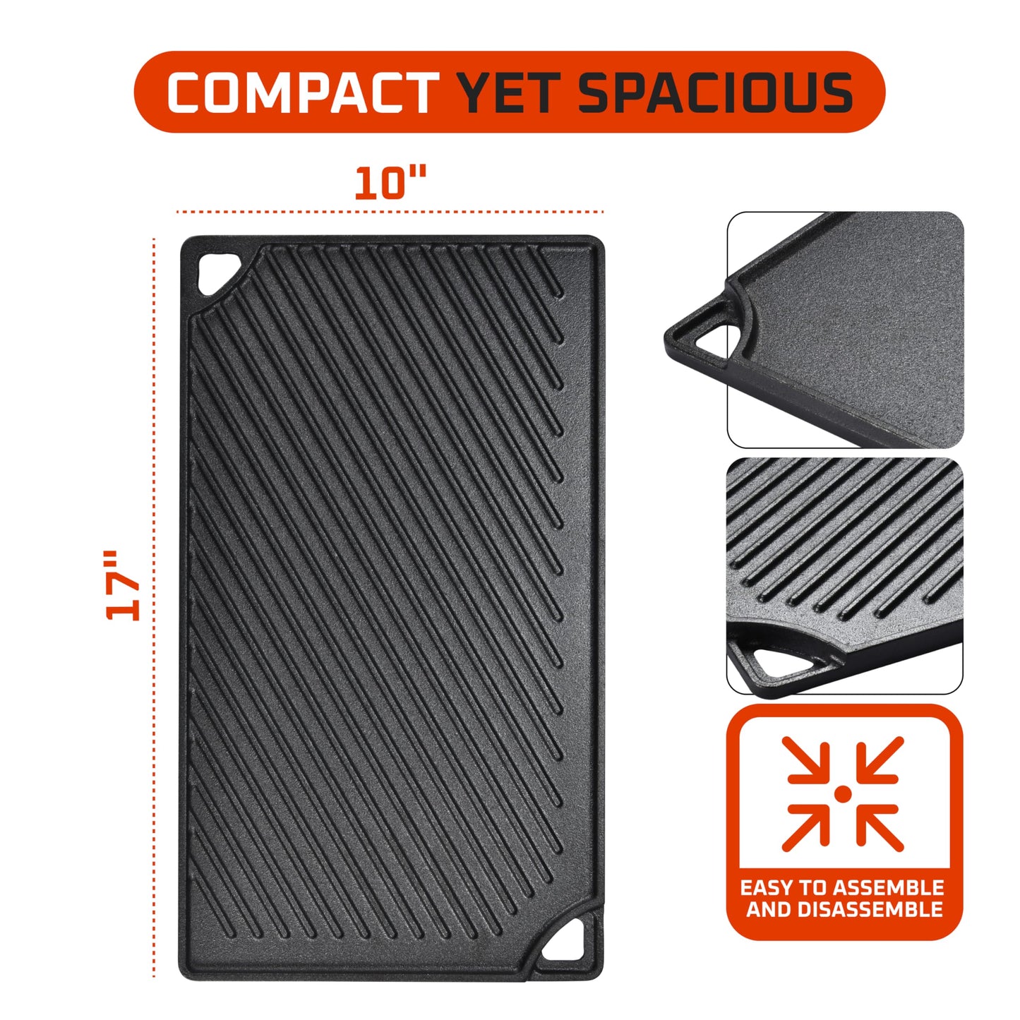 Bruntmor 2-in-1 Reversible Grill Plate - Pre-Seasoned Cast Iron Griddle Pan for Gas Stovetop, Oven, or Open Fire - 17x10-Inch Rectangular Double Sided Flat Pan for Camping, Roasting, and Grilling