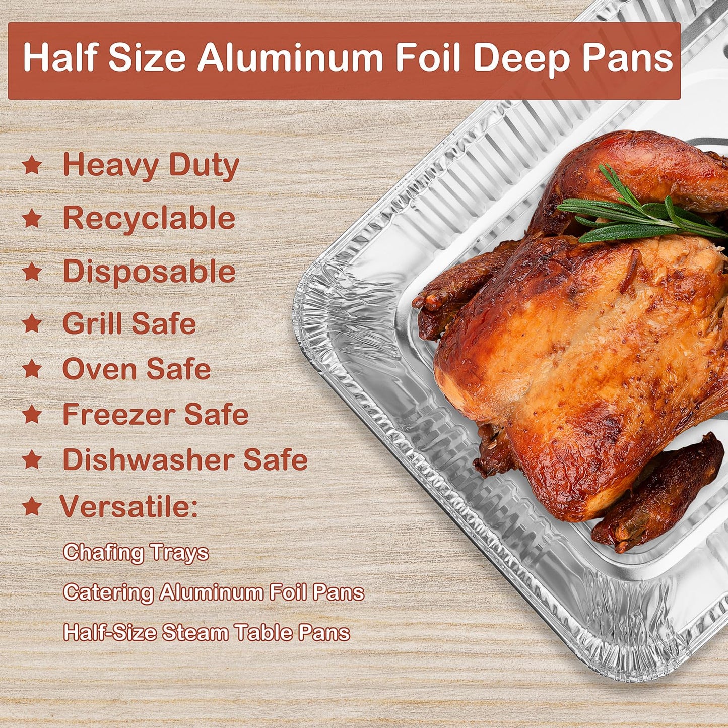 Roponan 9x13 Aluminum Foil Pans, 40-Pack Half Size Disposable Aluminum Foil Trays, Deep Steam Table Pans for Cooking, Baking, Grilling, Roasting, Heating & Serving Food