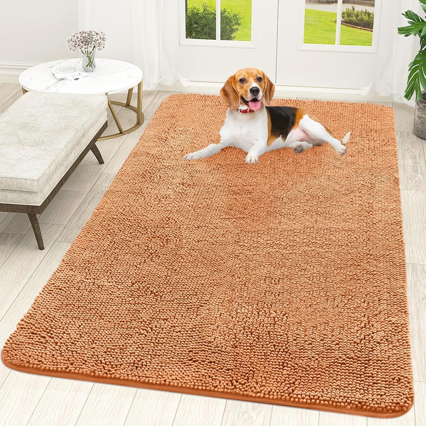OLANLY Dog Door Mat - Absorbent Non-Slip Chenille Mat for Muddy Paws | 59x35 Inches, Quick Dry, Orange