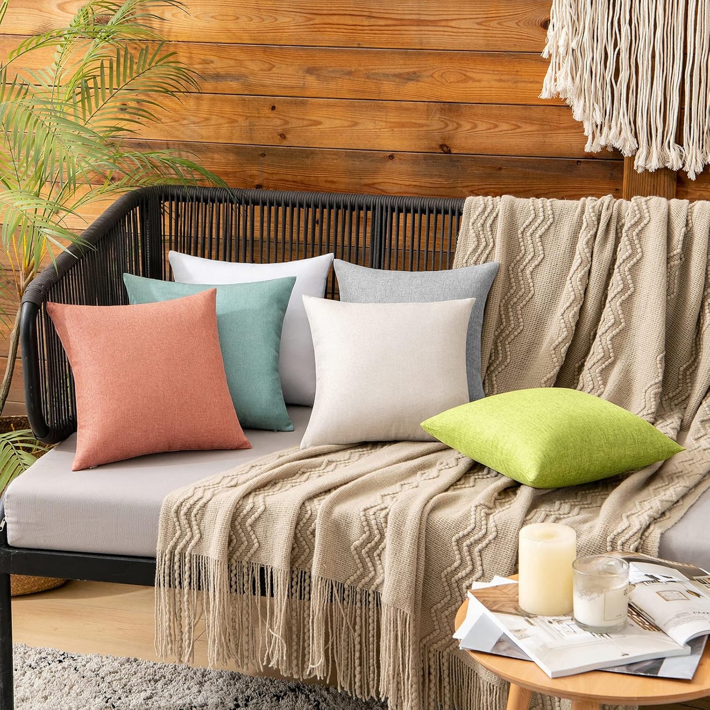 MIULEE Decorative Outdoor Throw Pillow Covers - Waterproof Faux Linen Cushion Cases | 12x12 Inch Beige (Pack of 2)