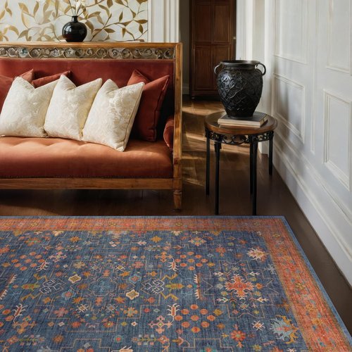 Hazo Haus Dark Blue & Terracotta Area Rug - Machine Washable 5x8 Living Room Carpet with Non-Slip Backing
