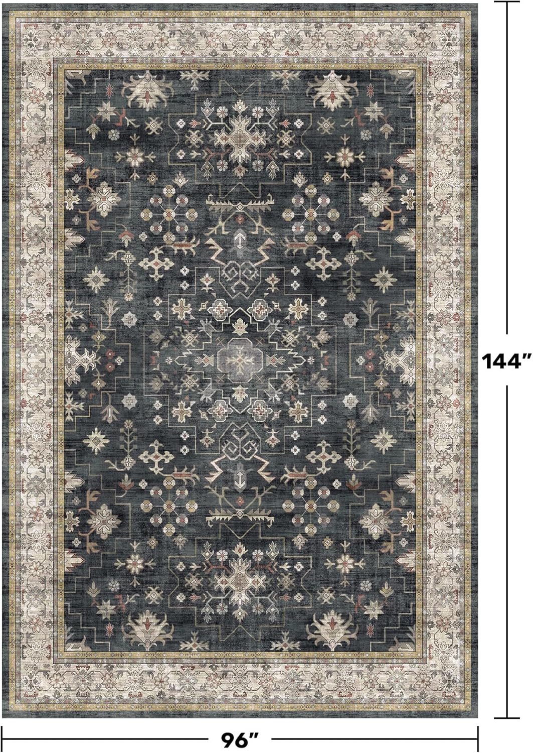 Skiennix Black Boho Rug - Washable Vintage Soft Low Pile Carpet for Living Room 8x12 | Non-Slip Design for High Traffic Areas