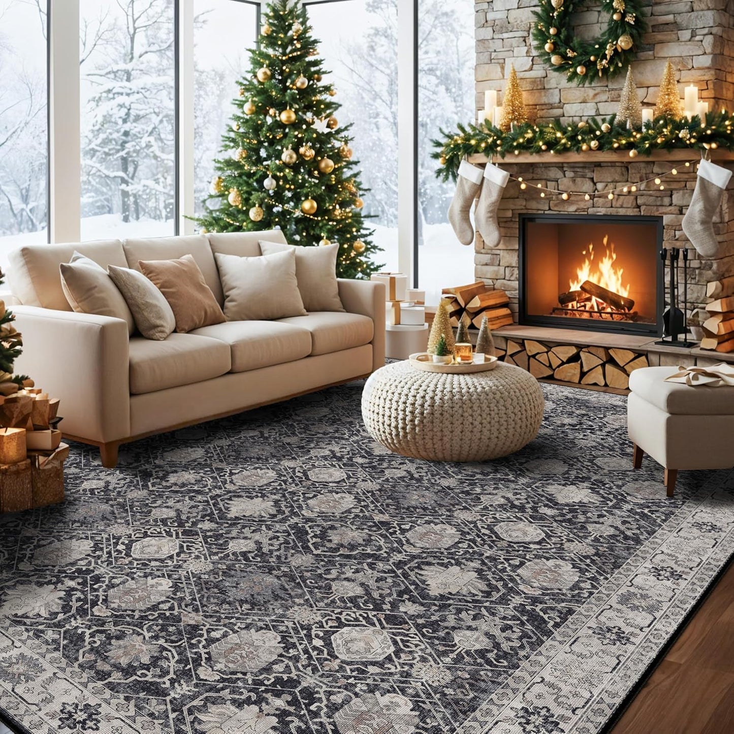 Skiennix Washable Large Area Rug - Ultra Soft Non-Slip Carpet for Living Room | 9x12 Black Distressed Design