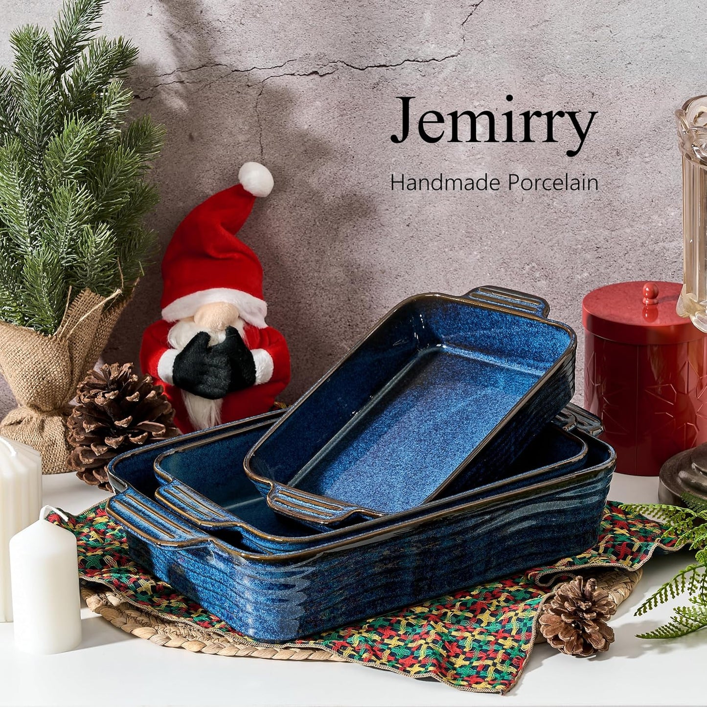 Kiln-Transformed Blue Ceramic Baking Dish Set - 3 Square Casserole Dishes with Handles for Oven Use