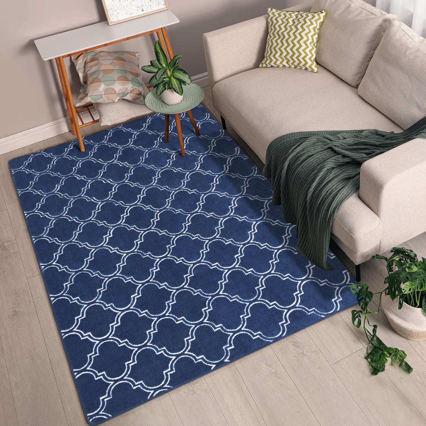 Chicrug Shag Geometric Modern Area Rug for Bedroom, 5x7 Feet Memory Foam Indoor Carpet, Fluffy Rug for Living Room Bedside Room Decor for Family Girls Kids Nursery Play Mat, Navy/White