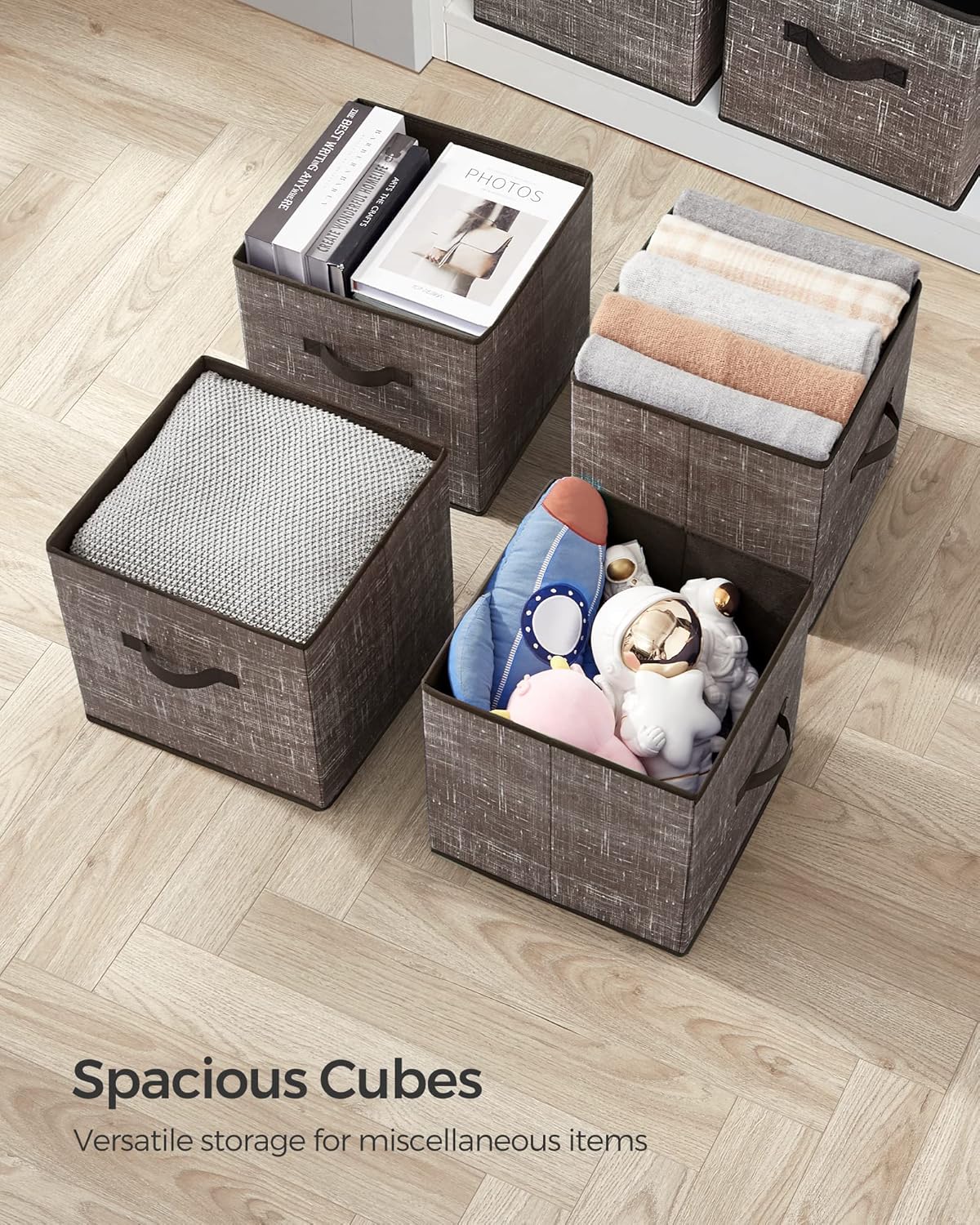SONGMICS Storage Cubes - 13-Inch Non-Woven Fabric Bins, Foldable Closet Organizers, Set of 6, Walnut Color
