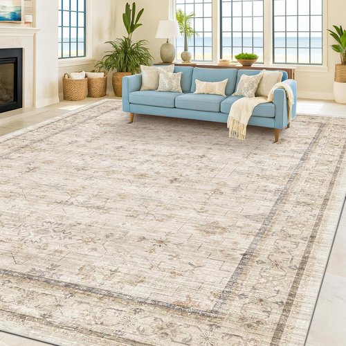 Hazo Haus Washable Ivory Living Room Rug - 8x10 Non-Slip Area Rug for Bedroom & Dining Room