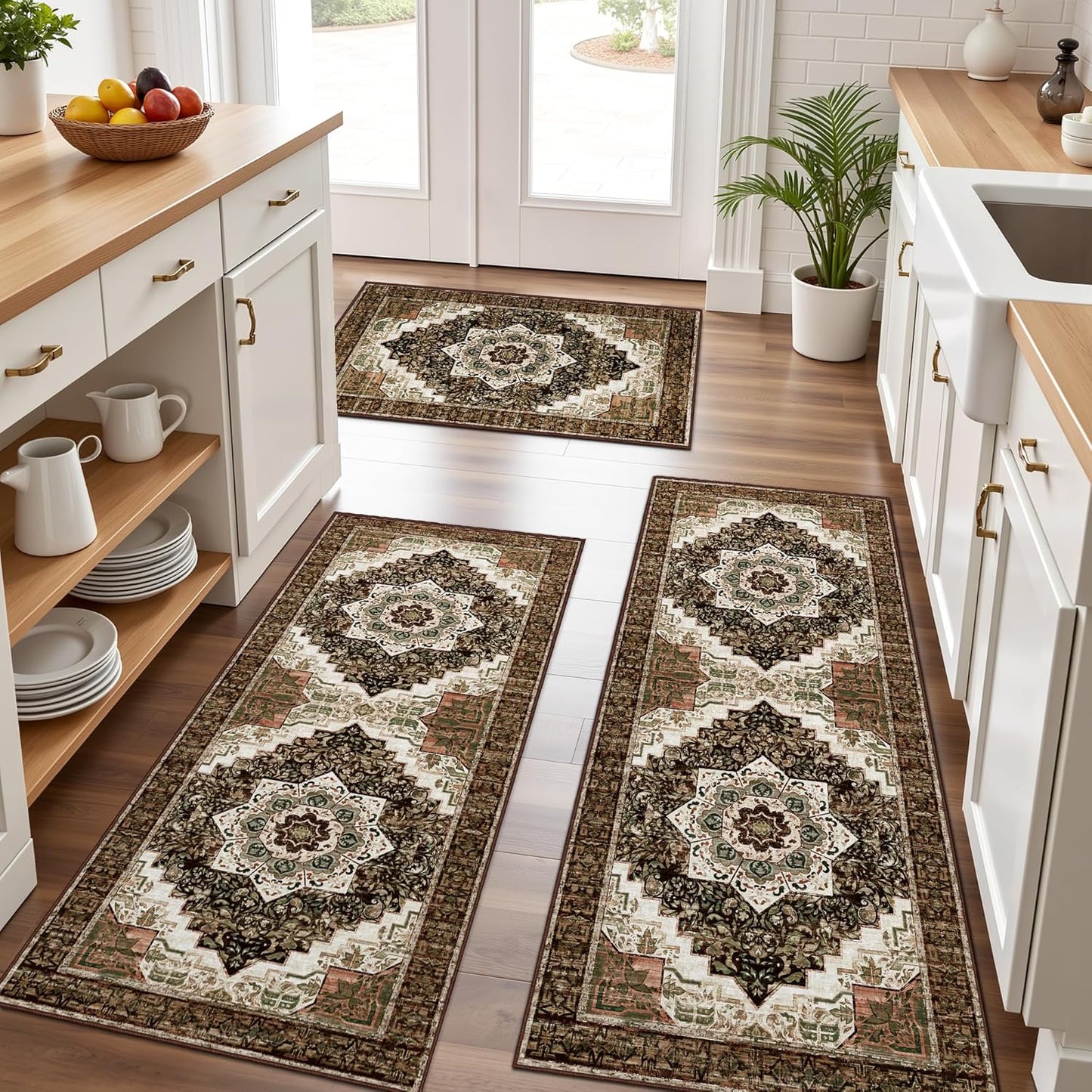 Tritard Non-Slip Kitchen Rugs Set of 3 - Washable Boho Vintage Mats for Indoor Entryway | Brown
