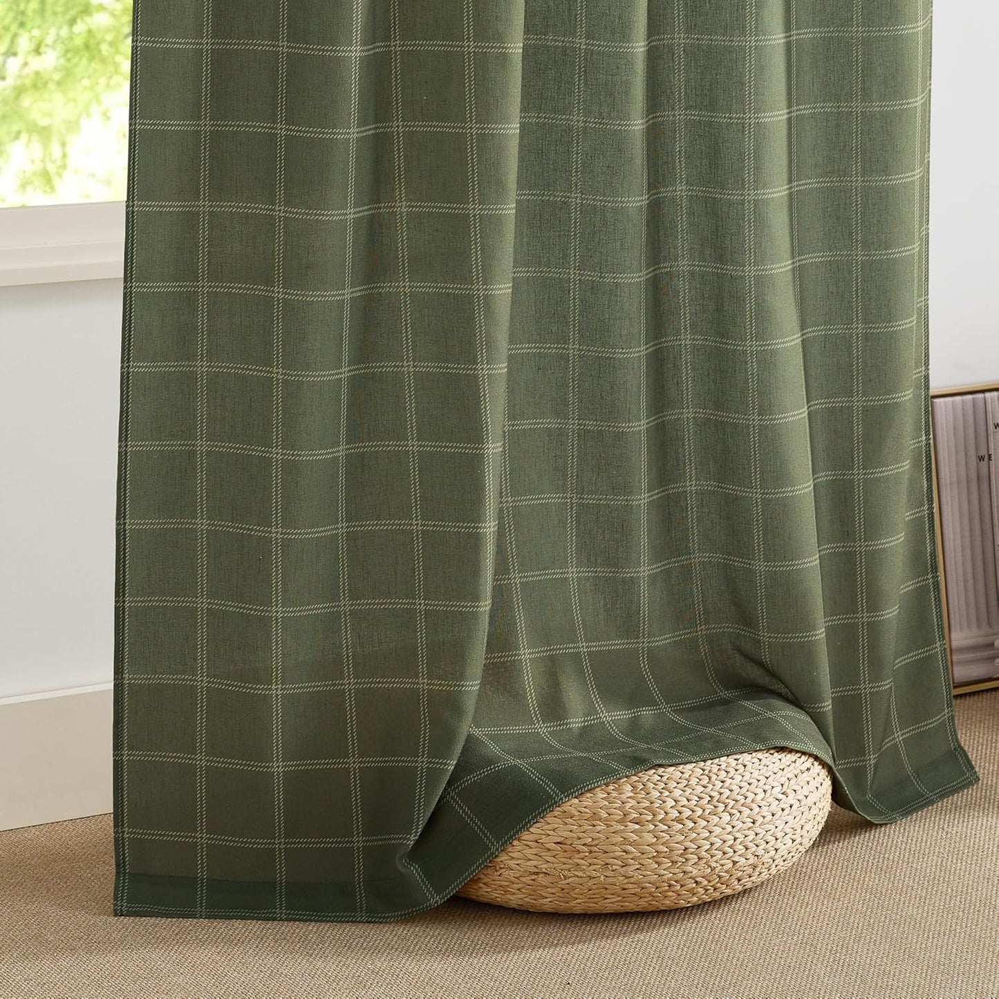 NICETOWN Linen Plaid Curtains - Modern Moss Green Check Window Panels | Light Filtering, 52" x 84" (2 Panels)