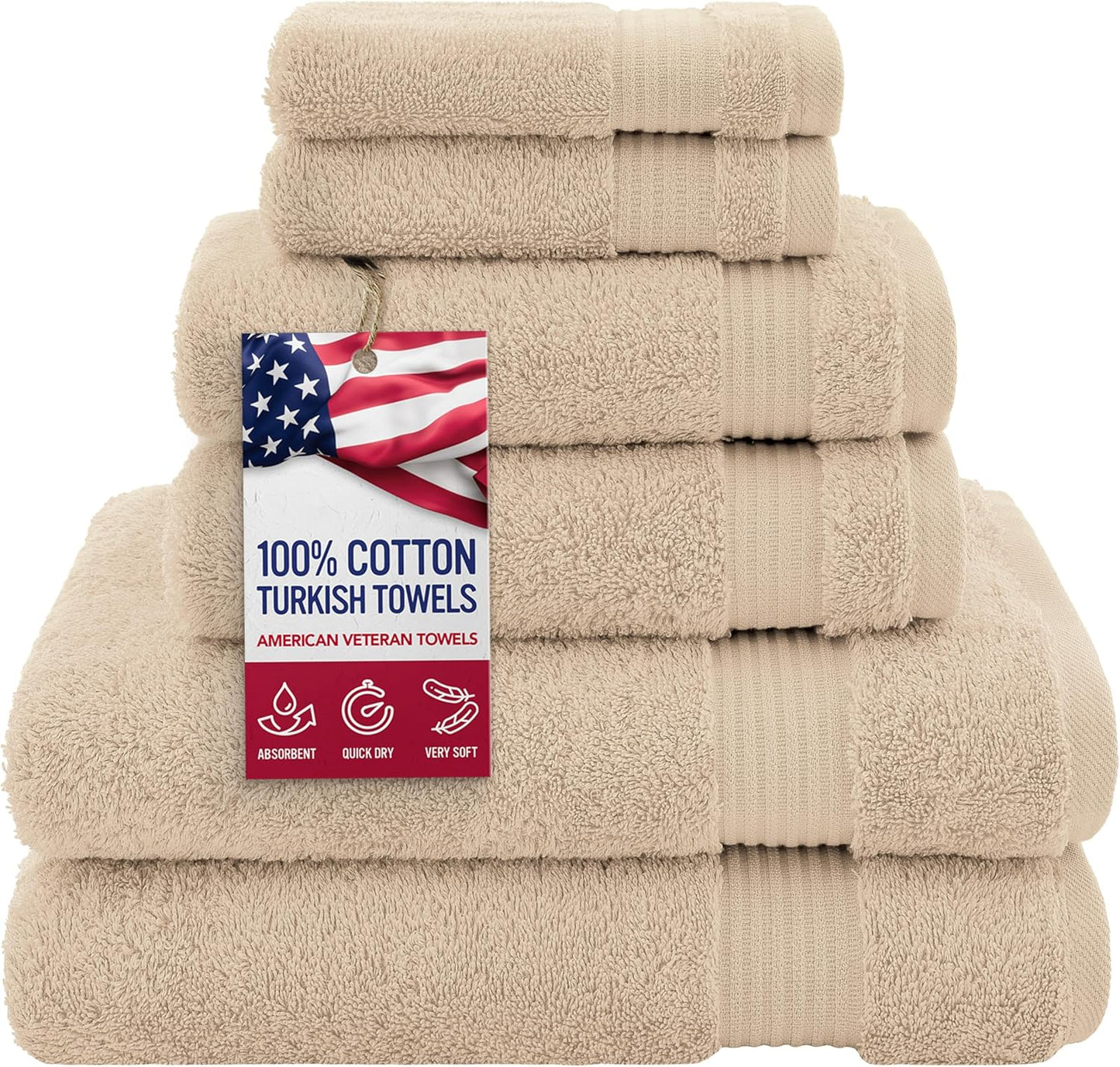 American Veteran Luxury Towel Set - 100% Cotton Turkish Towels | 6 Pieces in Beige (2 Bath, 2 Hand, 2 Washcloths)