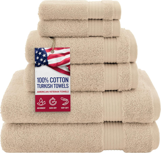 American Veteran Luxury Towel Set - 100% Cotton Turkish Towels | 6 Pieces in Beige (2 Bath, 2 Hand, 2 Washcloths)