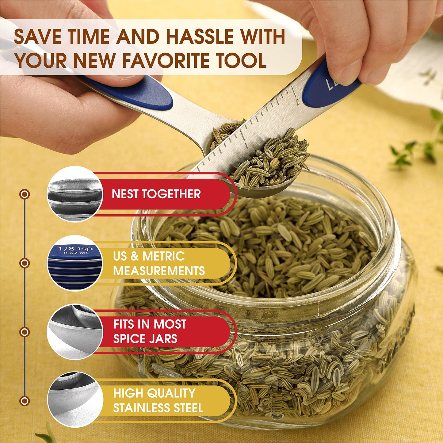 Spring Chef Magnetic Measuring Spoons Set, Dual Sided, Stainless Steel, Fits in Spice Jars, Sapphire, Set of 8, 2 Pack