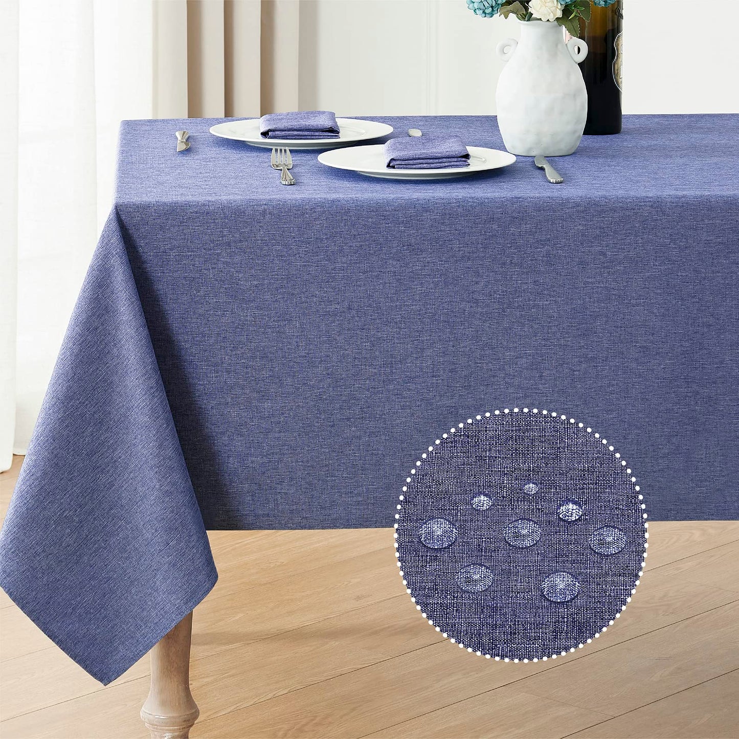 Veblandy Rectangle Tablecloth Linen Textured Waterproof & Stain Resistant Table Cloth Wrinkle Free Decorative Fabric Farmhouse Table Cover for Dining/Party/Buffet/Wedding, 60 x 144 Inch, Demin Blue