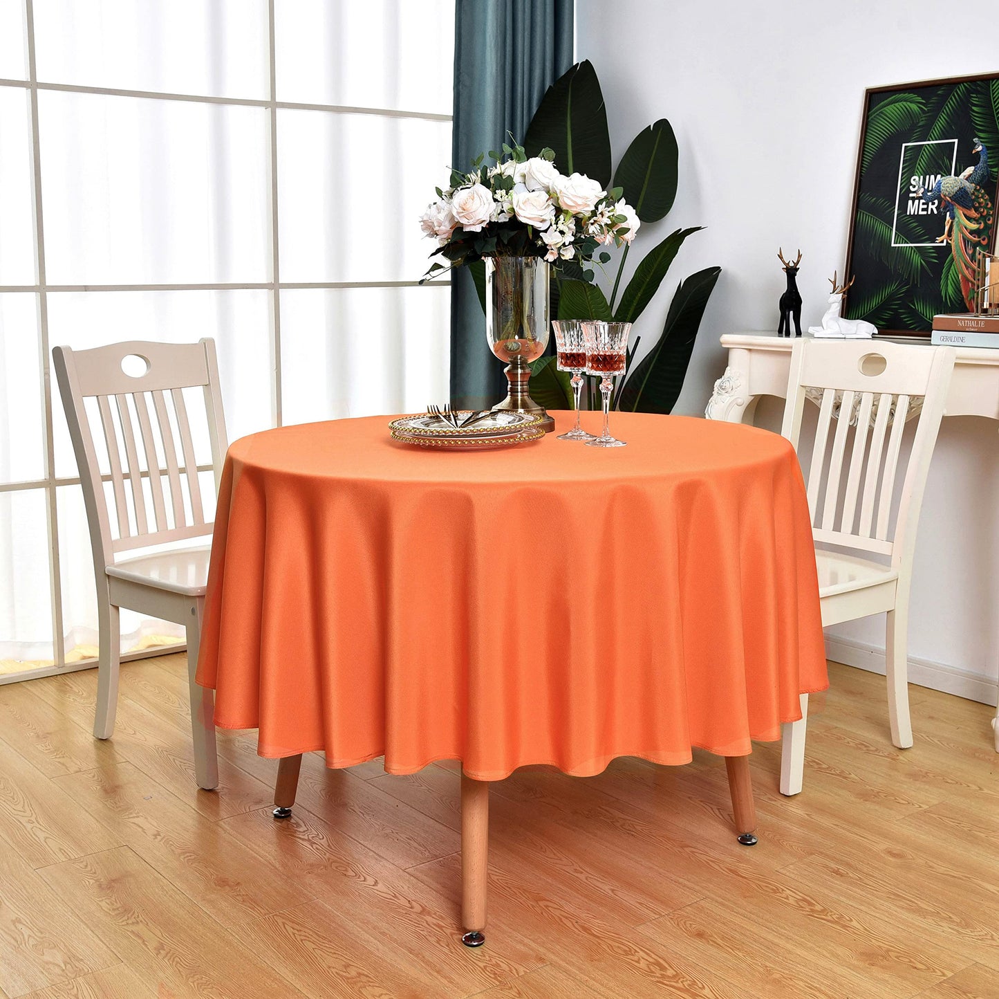 KAIPHO Orange Round Tablecloth Waterproof Stain Resistant Wrinkle Free Table Cloth 210GSM Polyester Washable Wipeable Table Cover for Party, Banquet, Wedding, Indoor and Outdoor use (70 inch, Circle)