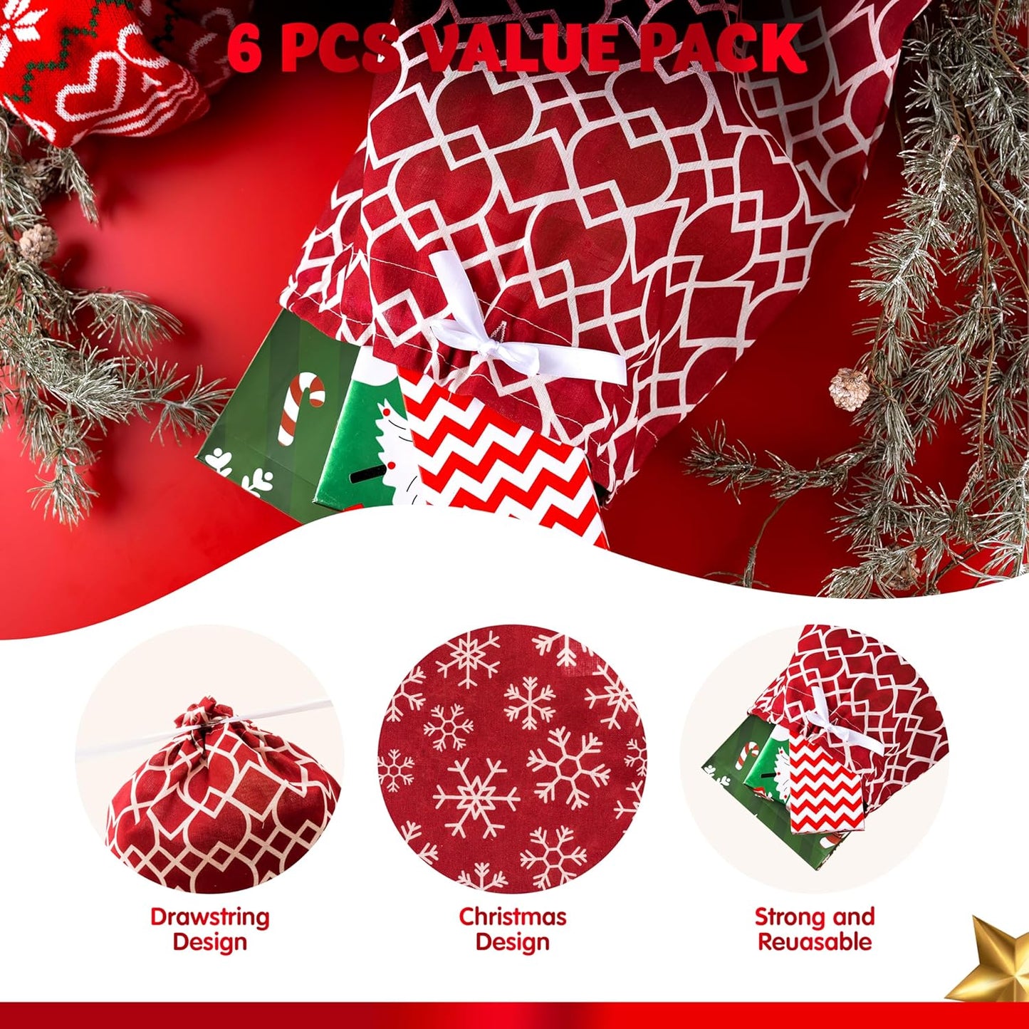 JOYIN 6-Piece Fabric Gift Bags - Elegant Red Design for All Seasons | Perfect for Holiday Present Giving