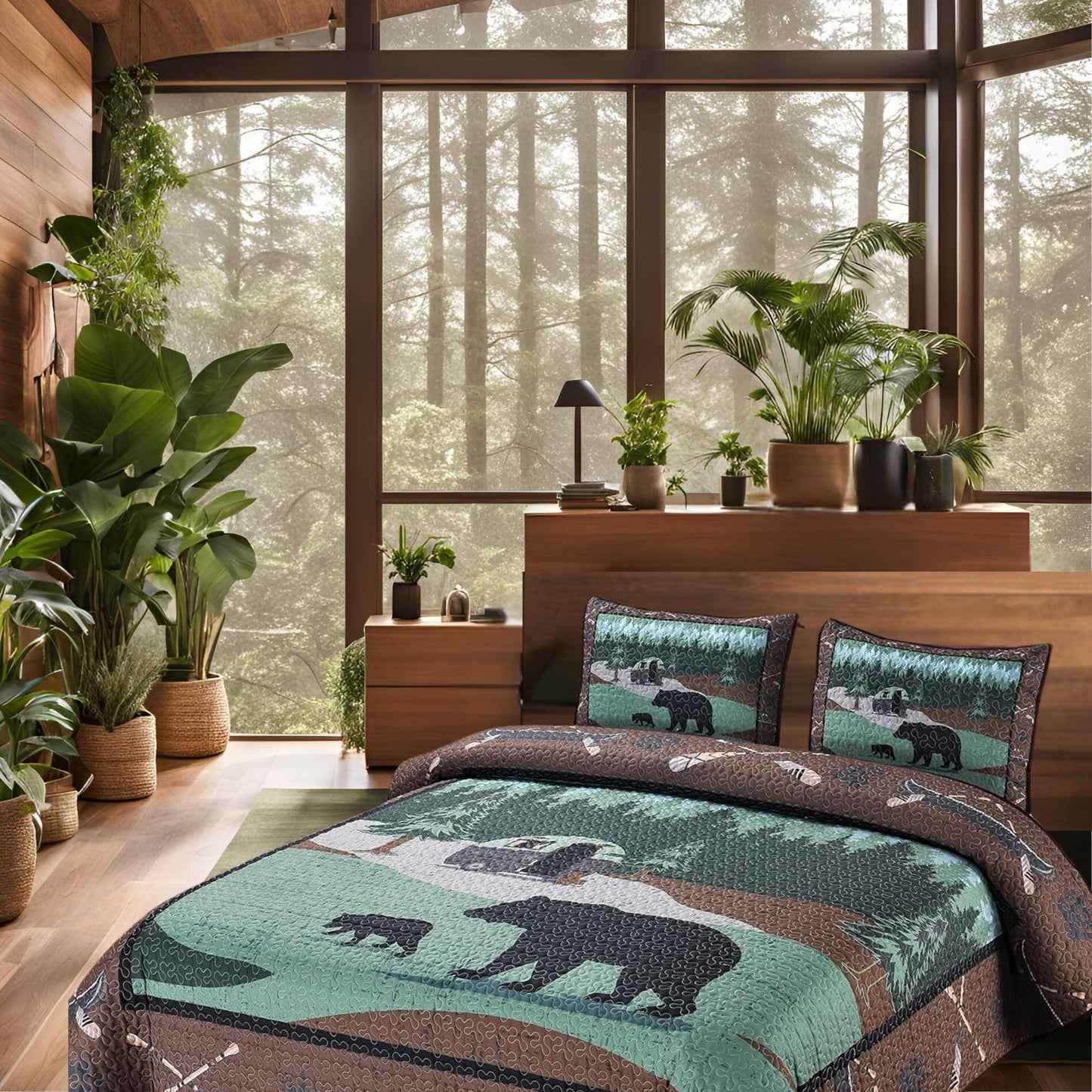 BestGiftEver Quilt Queen Size with Unique Bear RV Park Theme Print Design, Cabin Lodge Quilted Bedspread Coverlet, 3-Piece Rustic Bedding Set with Queen Quilt and 2 Pillow Shams for Nature Lovers