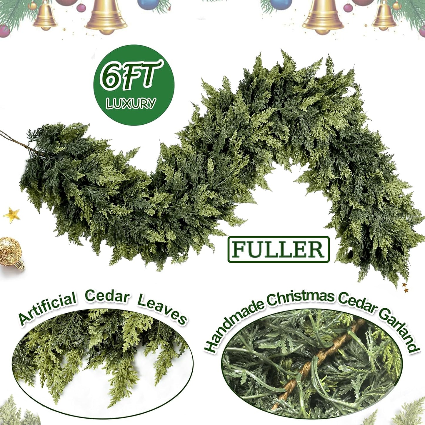 Skiennix 6FT Extra Full Christmas Garland - Lush Realistic Cedar Decor for Indoor/Outdoor Holiday Use