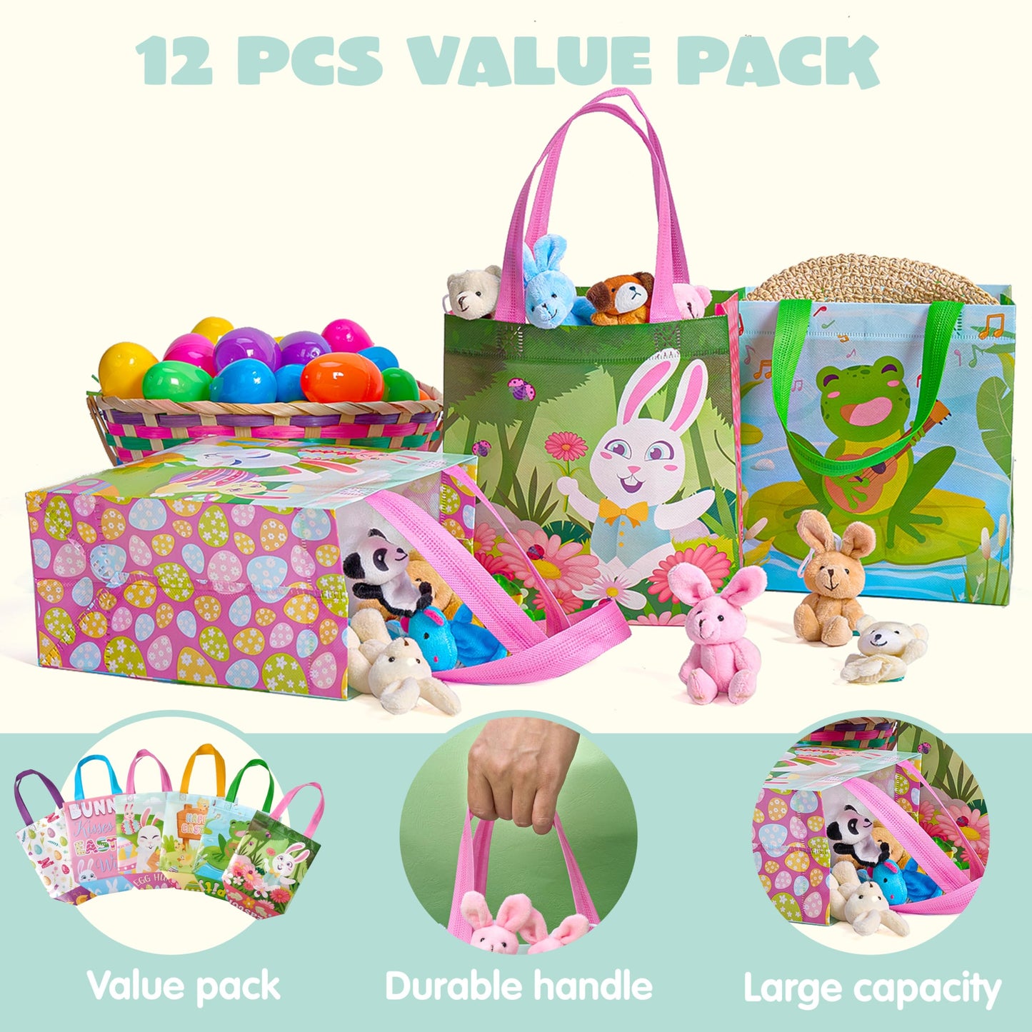 JOYIN 6 Pcs Easter Non-woven Tote Bags with Handle, Happy Easter Egg Bunny Frog Chick & Egg Gift Treat Bags for Gifts Wrapping, Kids Party Supplies & Hunt Game