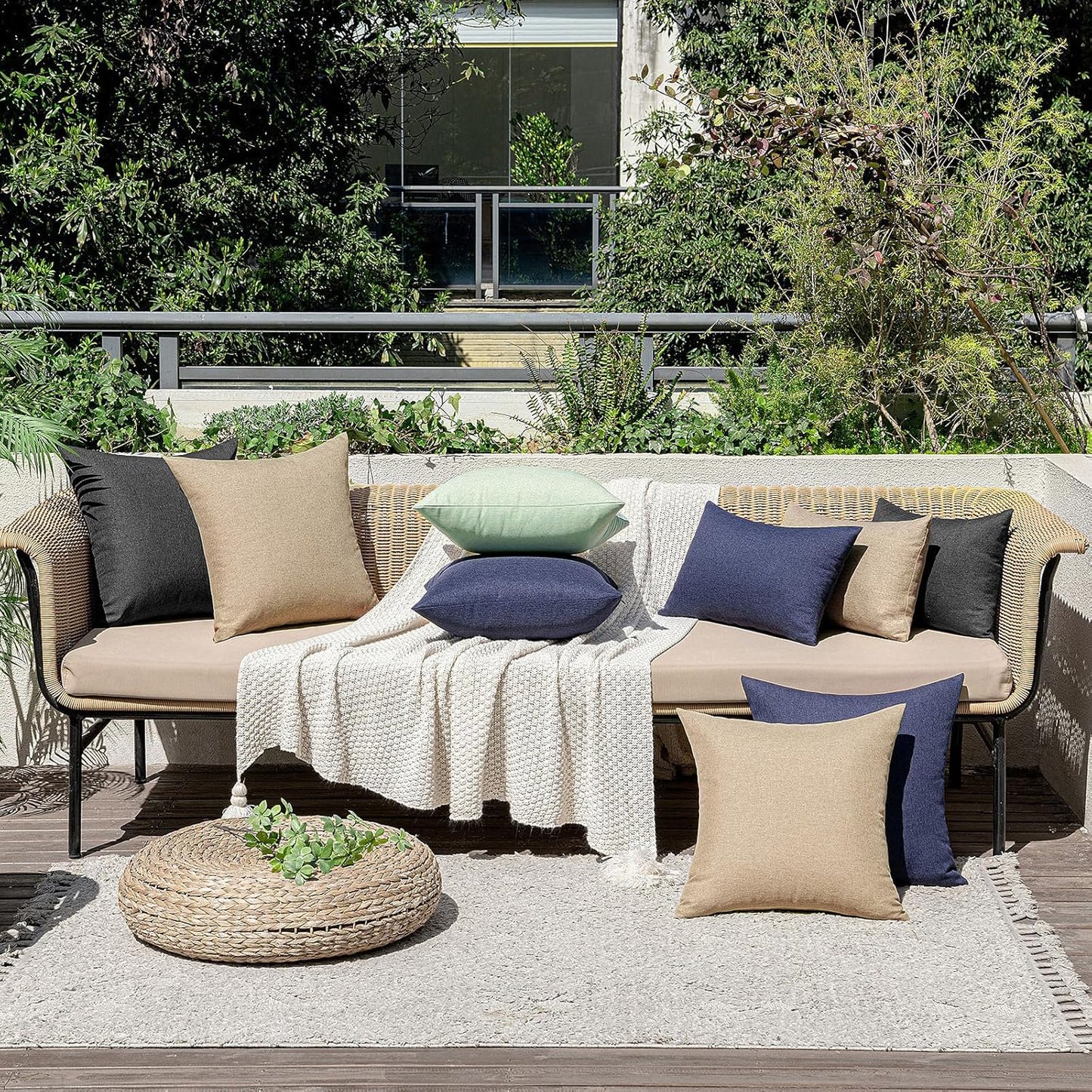 MIULEE Decorative Outdoor Throw Pillow Covers - Waterproof Faux Linen Cushion Cases | 16x16 Inch Light Tan - Set of 2