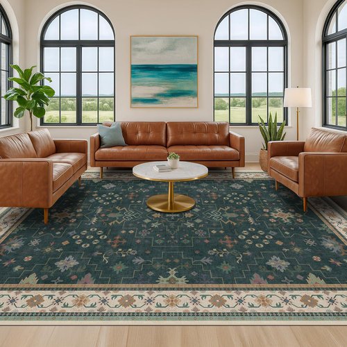 Hazo Haus Dark Green Oushak Area Rug - Modern Vintage Boho Floral Design, 10x12 Washable Non-Slip