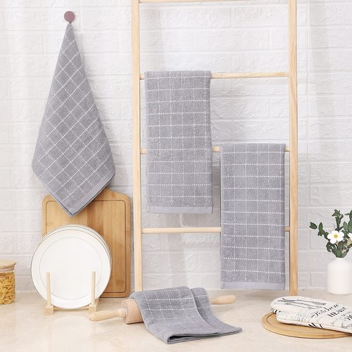 Homaxy 100% Cotton Terry Kitchen Towels(Light Grey, 13 x 28 inches), Checkered Designed, Soft and Super Absorbent Dish Towels, 12 Pack