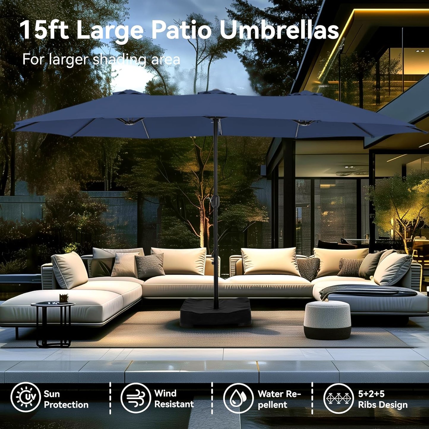 PHI VILLA 15ft Double-Sided Patio Umbrella - Navy Blue Market Umbrella with Base & Crank Handle for Outdoor Use